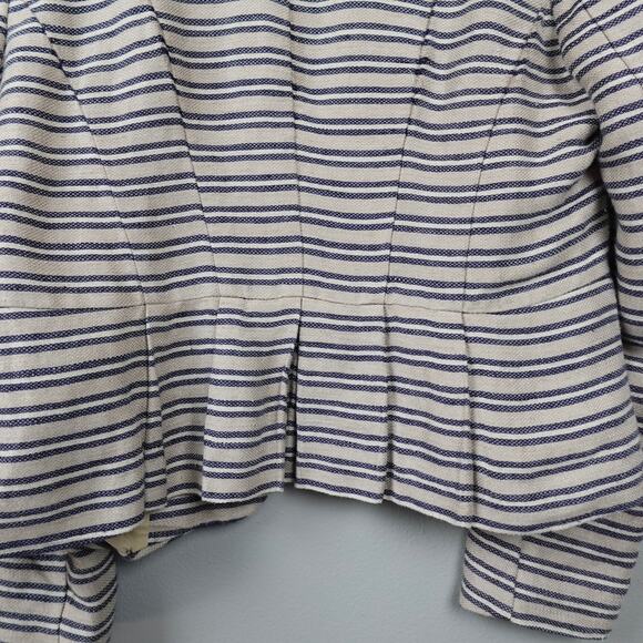 LOFT Linen Blend Striped Blazer Jacket Sz 12 Beige Navy Pleated Peplum Collarles - Picture 9 of 12